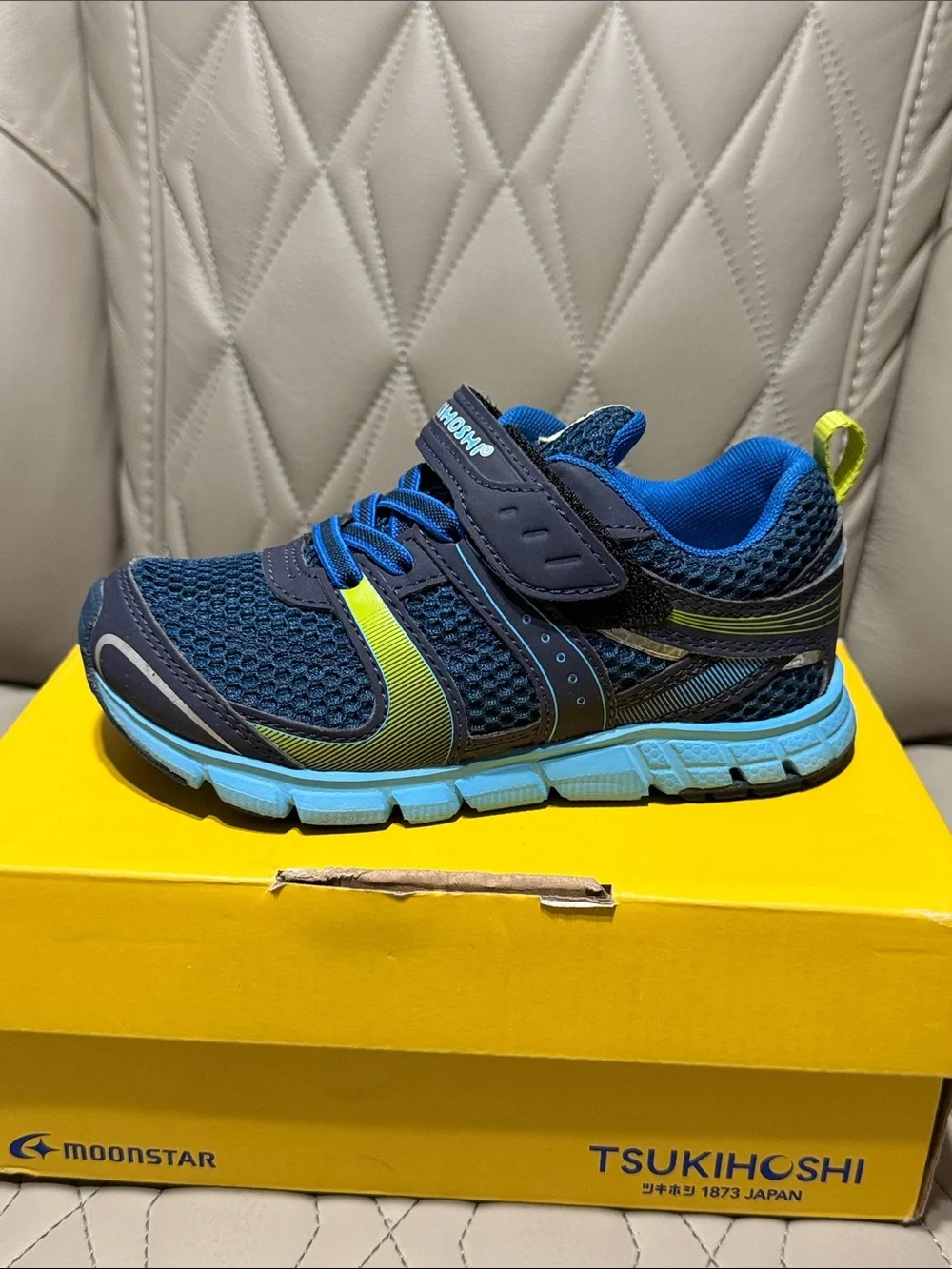 Tsukihoshi Kids Navy Blue Athletic Sneakers with Bright Blue and Lime Accents